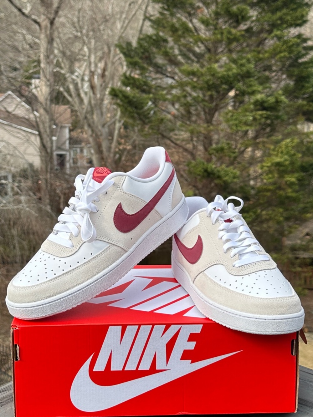 Nike Court Vision Low Womens 10 Mens 8.5 Creme Burgundy Casual Sneaker NEW
